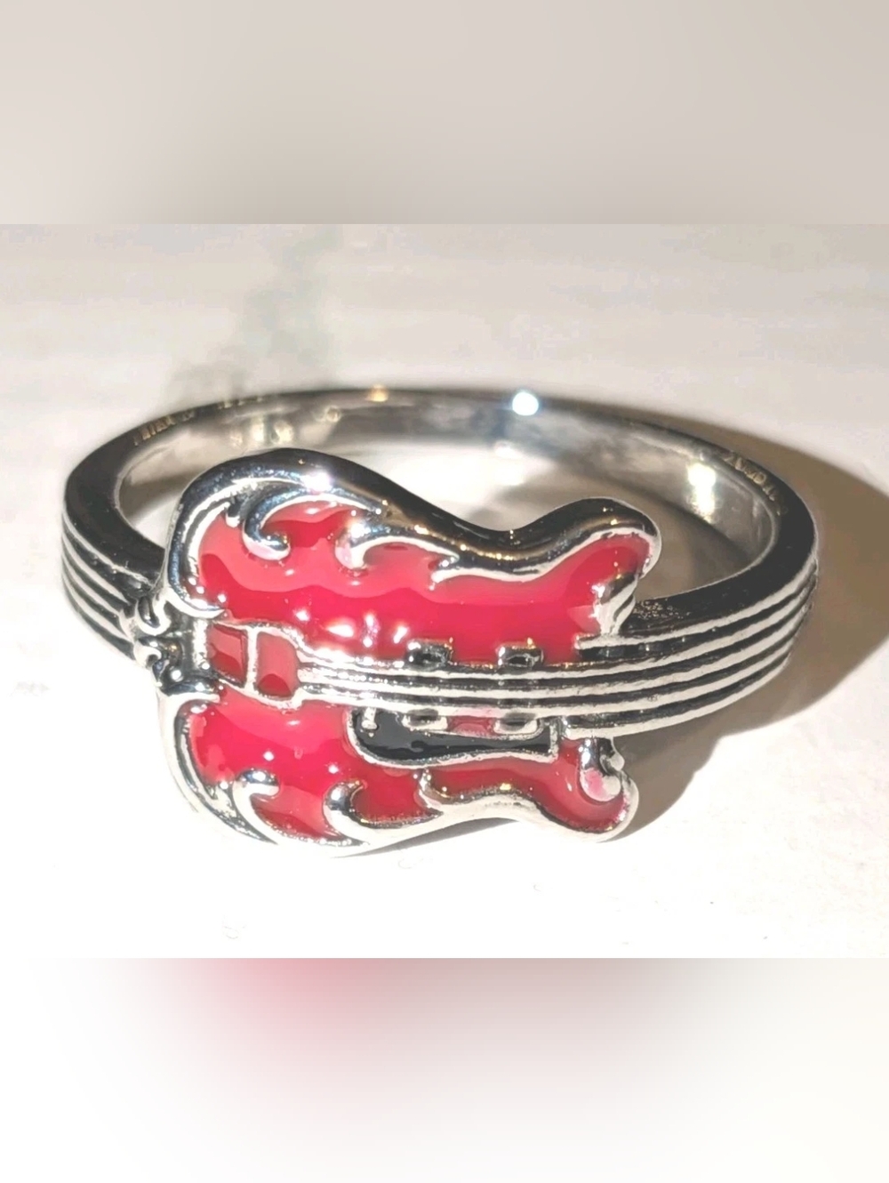 Elvis Inspired Silver Plated Guitar Red Enamel   Unisex Intricate Detailed Ring